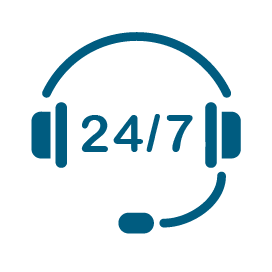 Icon symbolising that the Voqa One EV charger has a 24/7 customer support line shown by a headset and the numbers 24/7