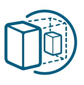 Icon of a large box with dashed lines that indicate that it fits on top of a smaller box behind it. Symbolising that the Voqa One EV charger is modular - The head unit fits onto the 'cradle' back plate to allow quick installation or replacement