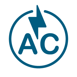 Icon symbolising AC electrical current with an electrical symbol above the letters AC within a circle