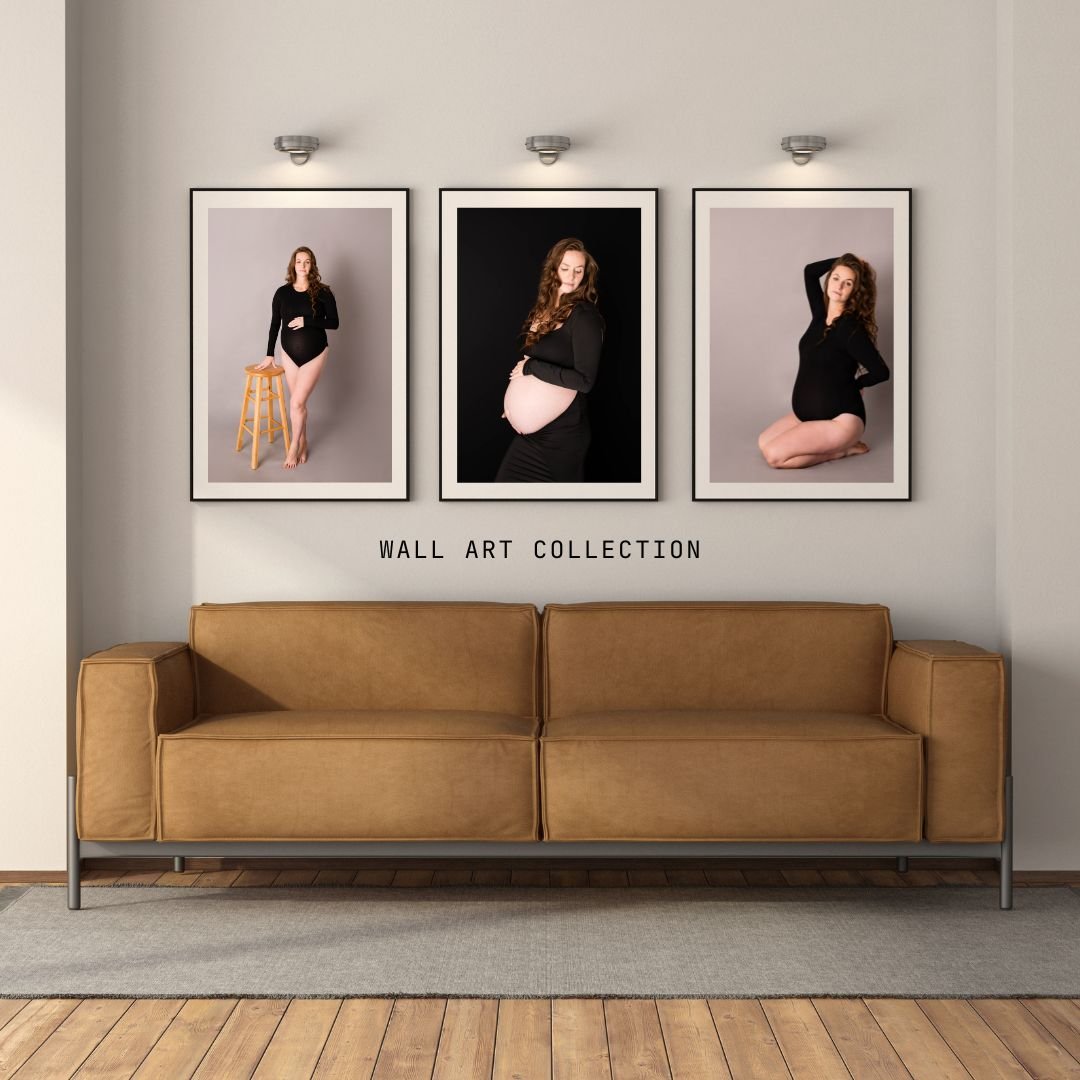 mock up wall art of a mom who is currently pregnant in a modern cozy living room