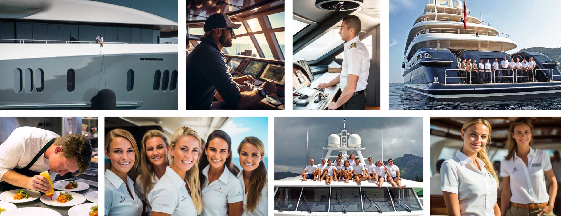 Crew members working across different yacht roles including stewardess, deck crew, captain, chef, and engineer onboard luxury yachts.