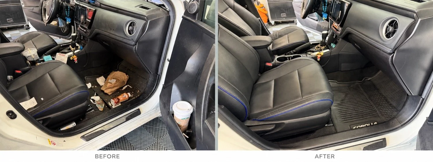 Front passenger seat, floor mat, and dashboard before and after interior detailing.