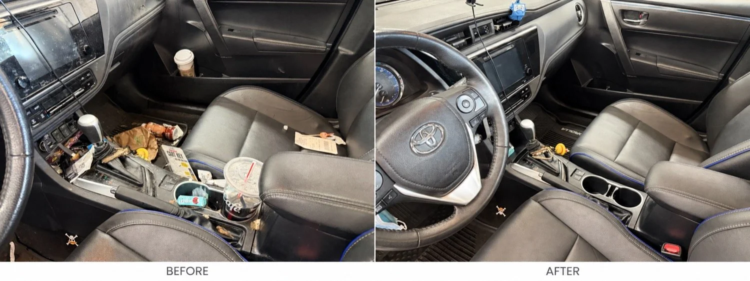 Before and after interior detailing of a Toyota Corolla, showing the center console, cup holders, and front passenger seat.