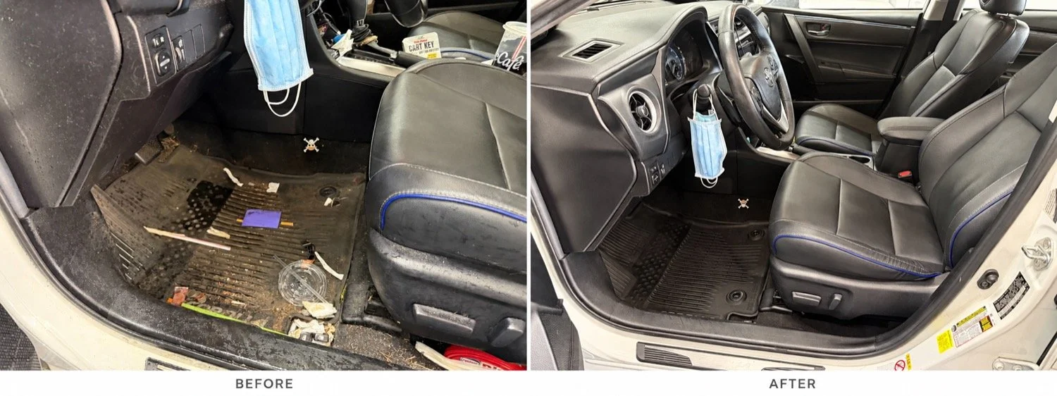Before and after interior detailing of the driver’s seat, floor mat, and footwell.
