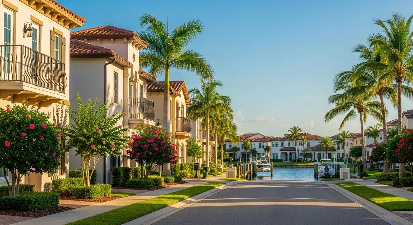 Canal front homes and waterfront street in Marina del Palma Palm Coast Florida