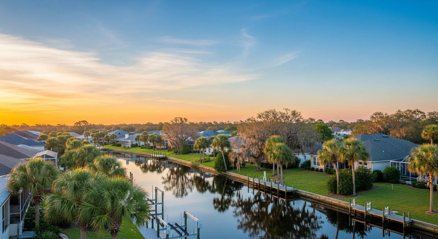 Waterfront homes and canal view in Hammock Dunes Palm Coast at sunset