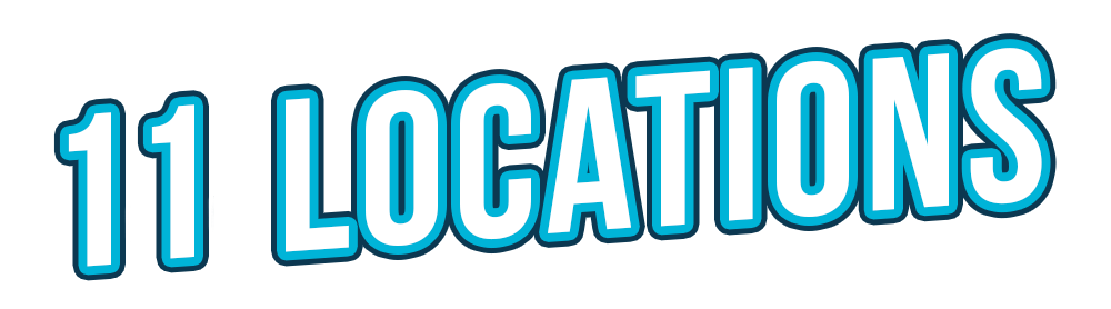 Graphic text reading '11 Locations' with a black background and blue and white outlined font.
