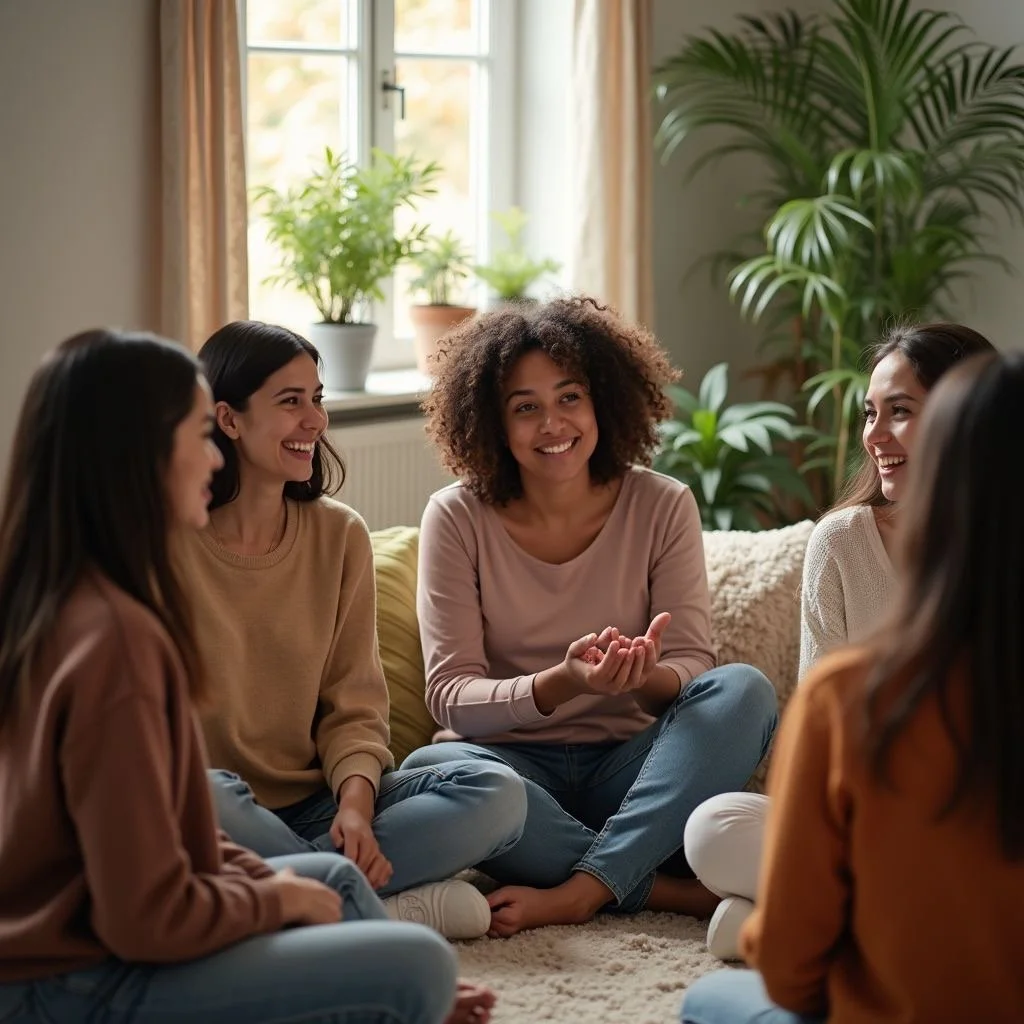 Six women sitting cross-legged on a carpet in a circle, talking and smiling in a cozy room with potted plants and a window in the background.
