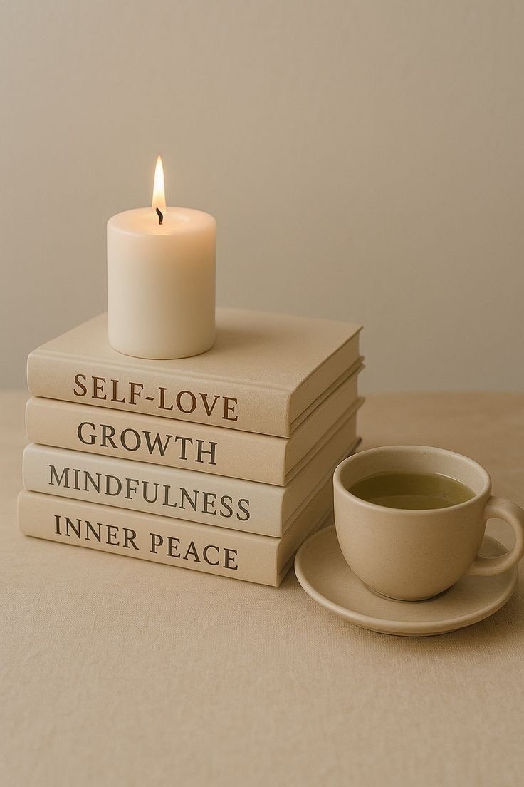 A stack of four books labeled 'Self-Love,' 'Growth,' 'Mindfulness,' and 'Inner Peace,' with a lit white candle on top and a cup of green tea on a saucer beside them.