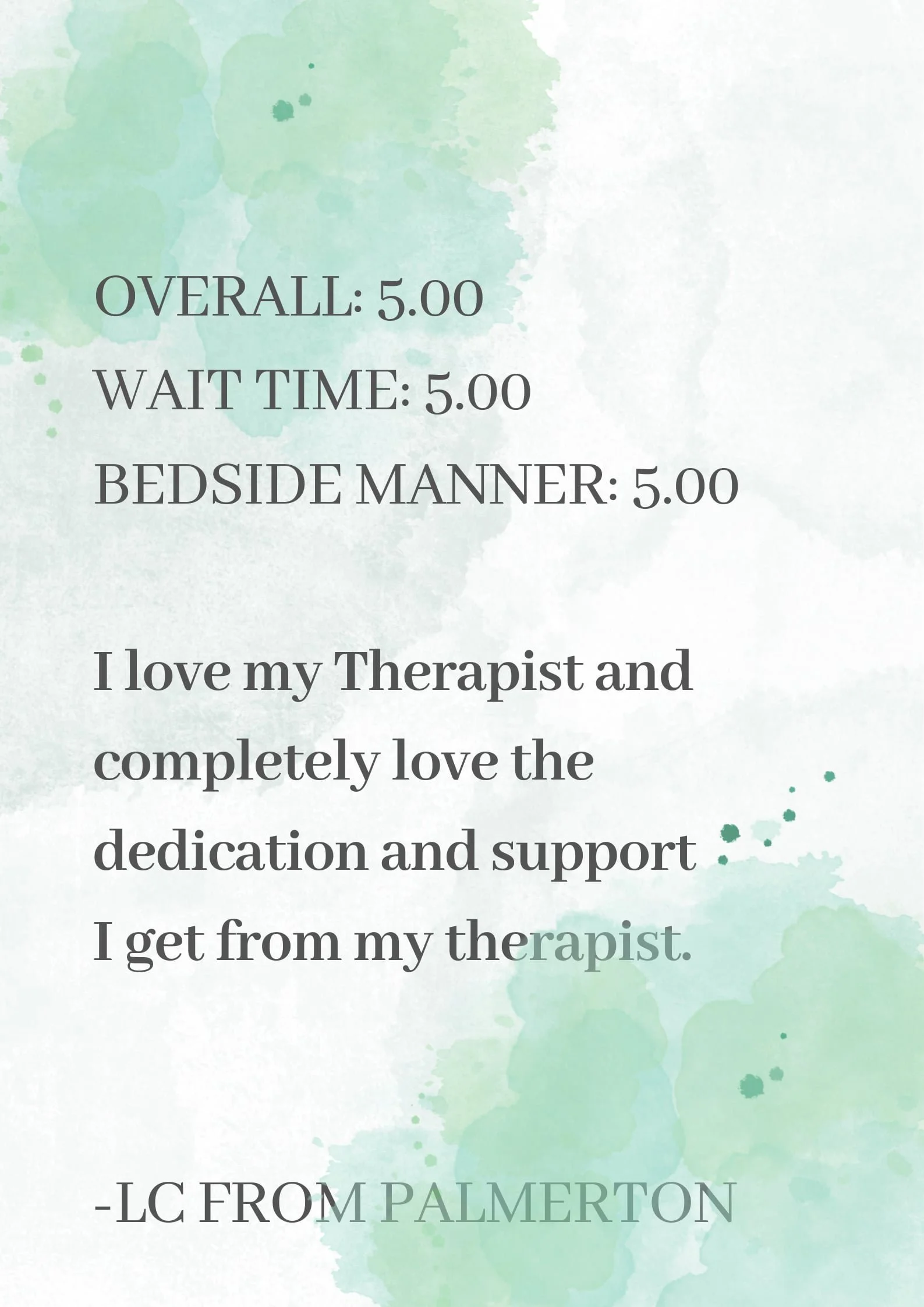 Watercolor background with text that reads: Overall: 5.00, Wait Time: 5.00, Bedside Manner: 5.00, I love my Therapist and completely love the dedication and support I get from my therapist. - LC from Palmerton.