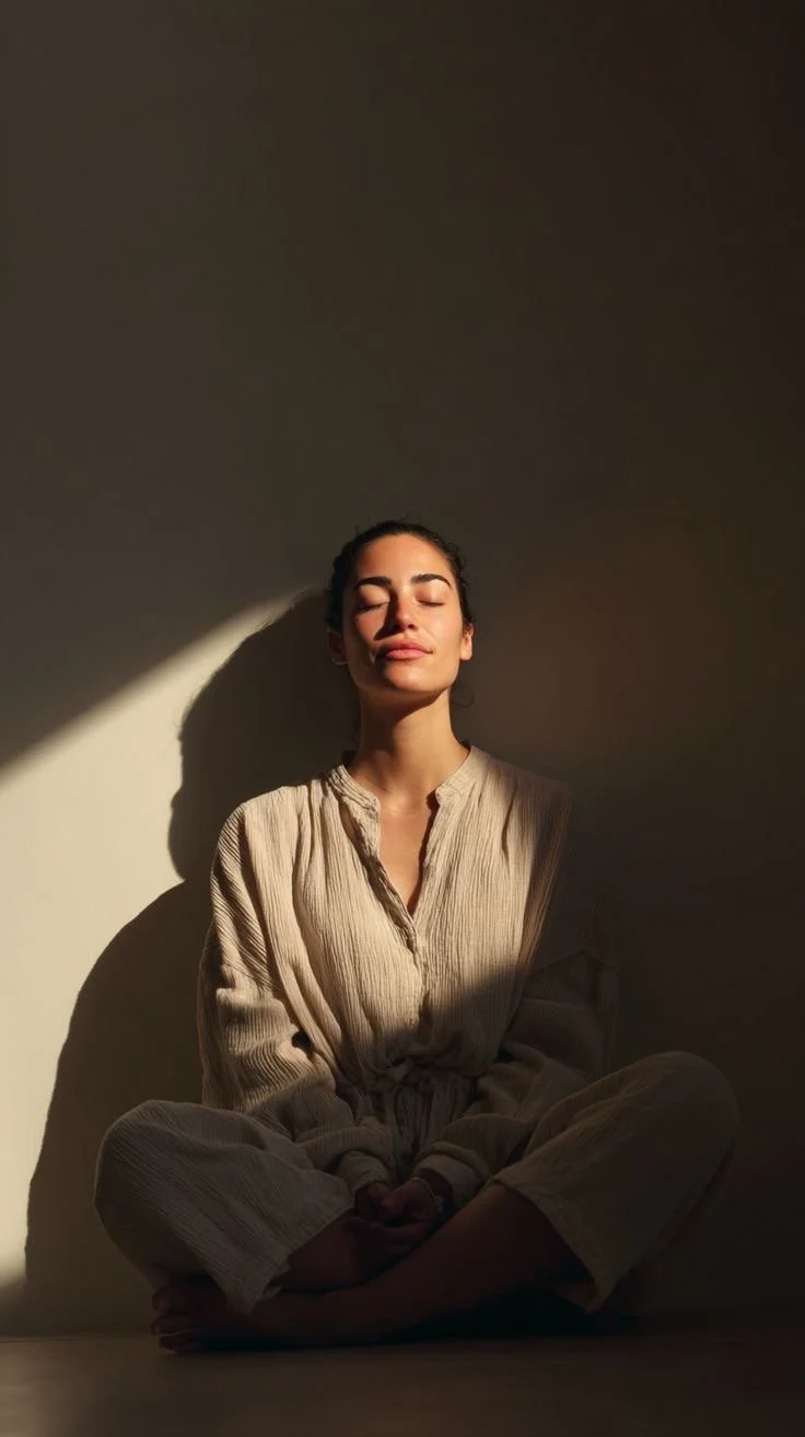 Woman practicing yoga or meditation in a cross-legged seated position with eyes closed, sunlit wall background.