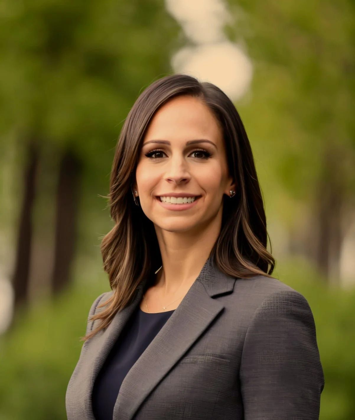 Portrait of a smiling woman with dark brown hair wearing a gray blazer, standing outdoors with blurred green trees in the background.