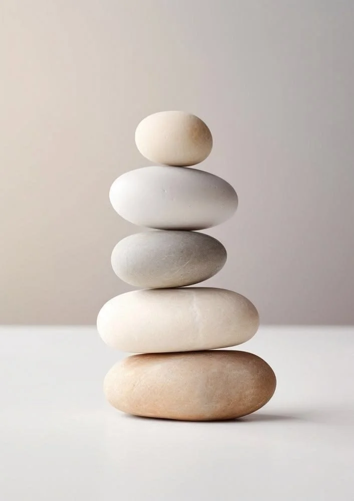 Stacked smooth stones in neutral tones on a white surface with a neutral background.
