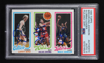 Magic Johnson, Julius Erving & Larry Bird Signed 1980-81 Topps RC