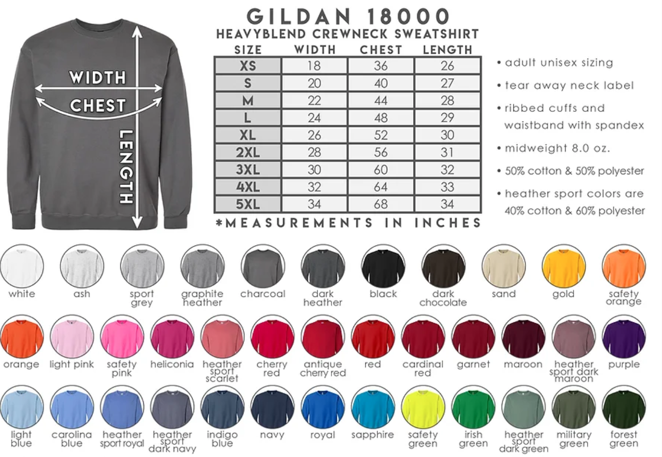 A size chart for Gildan 18000 heavyweight crewneck sweatshirt, showing measurements in inches for sizes XS to 5XL, including width, chest, and length. The chart also displays a color selection with various colors and descriptions, and a sweatshirt image with labeled measurements for width, chest, and length.