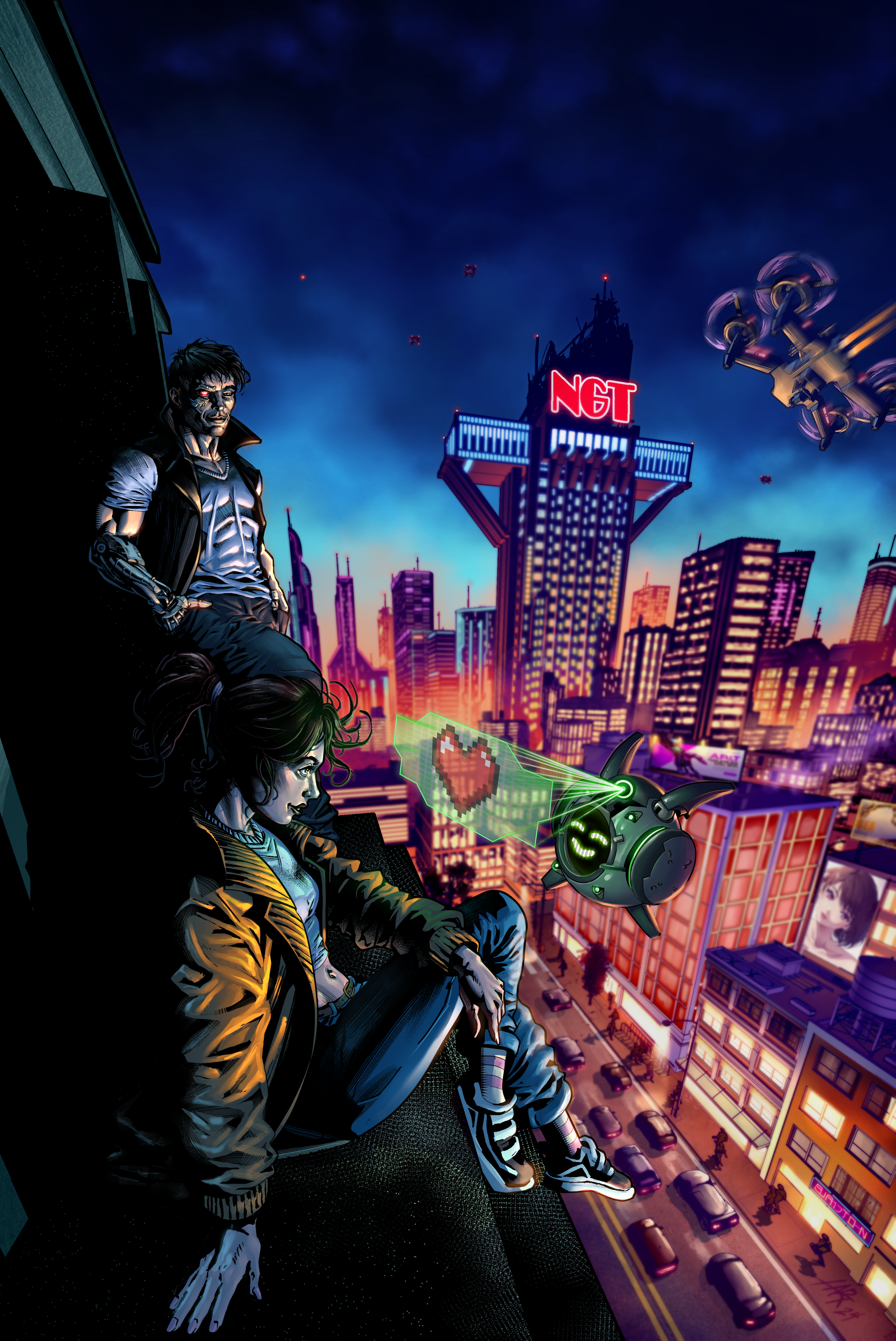 A digital art scene of a futuristic city skyline at night with neon lights. Four characters with cyberpunk aesthetic, including a man with a robotic arm, a woman with green eyes using a holographic device, a person with glowing eyes and a leather jacket, and a robotic drone with a heart symbol on its hologram, are seated on the edge of a building overlooking the city.