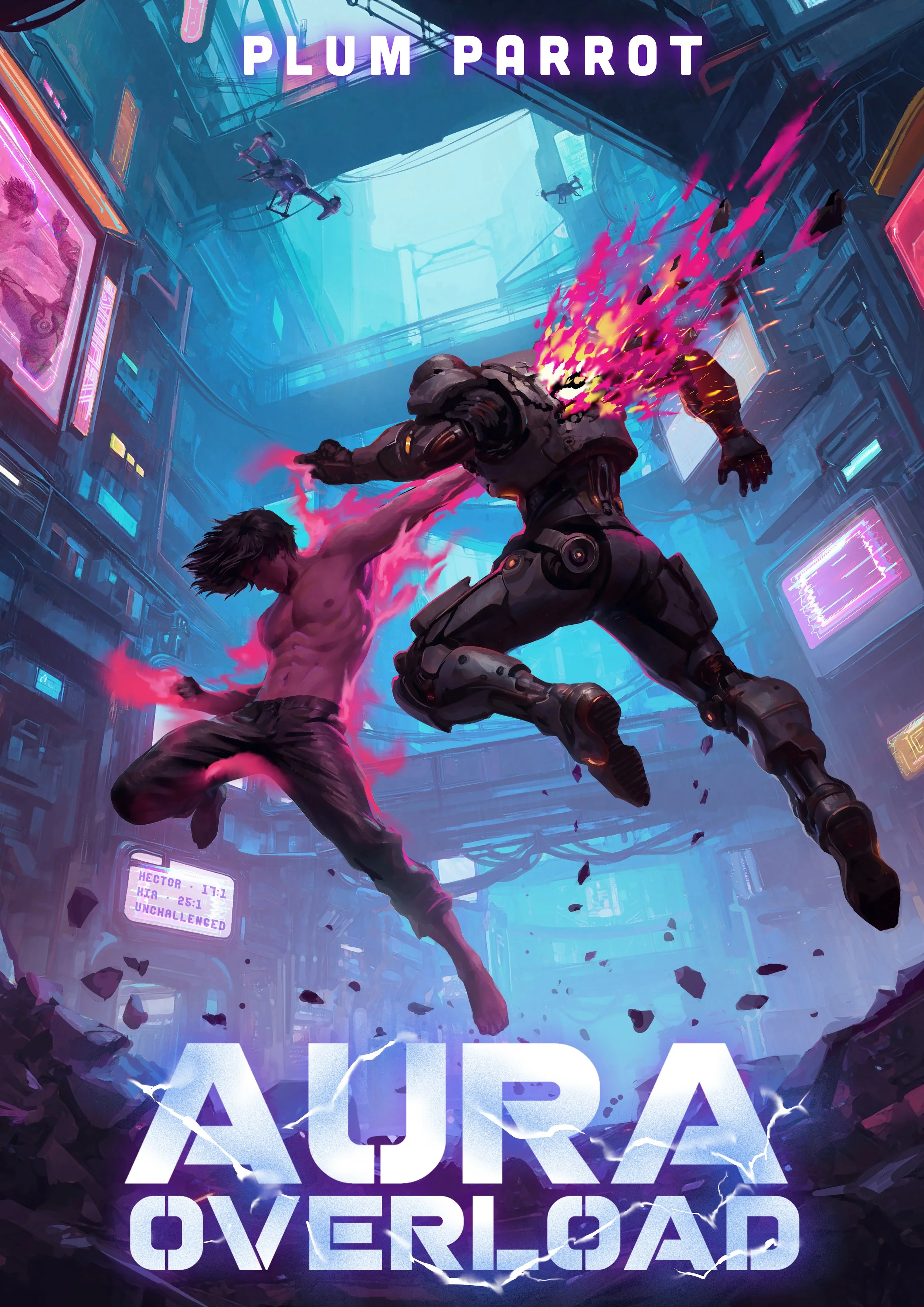 Futuristic cyberpunk scene with two combatants fighting, one human and one robot, in a neon-lit city. The human is punching the robot, which is damaged and emitting pink flames. The city is filled with bright neon signs, advertisements, and flying drones. The text 'PLUM PARROT' appears at the top, and 'AURA OVERLOAD' is displayed at the bottom with lightning effects.