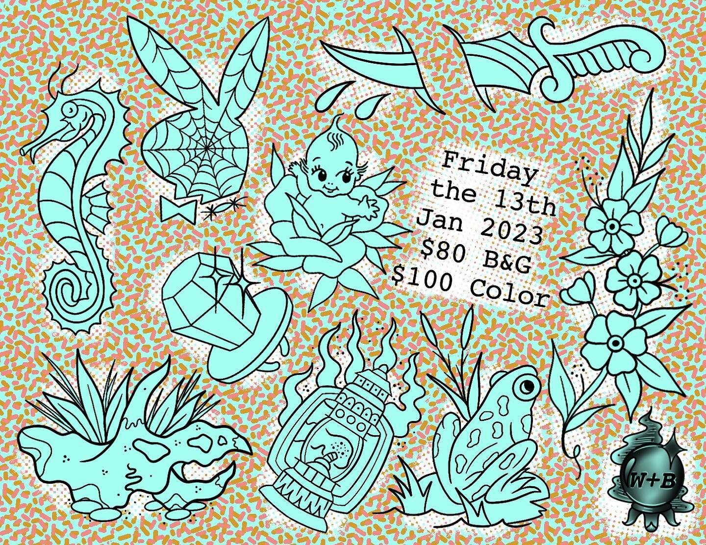 FRIDAY THE 13TH FLASHIESSS 
@witchin_n_bitchin will be tattooing this flash 1/13 &amp; 1/14 from 10 am to 10pm!! Some placement restrictions apply! These are all almost palm size pieces!! Text (203)303-4835 to book a slot! 
.
.

.
.
.
#cttattoo #ctta