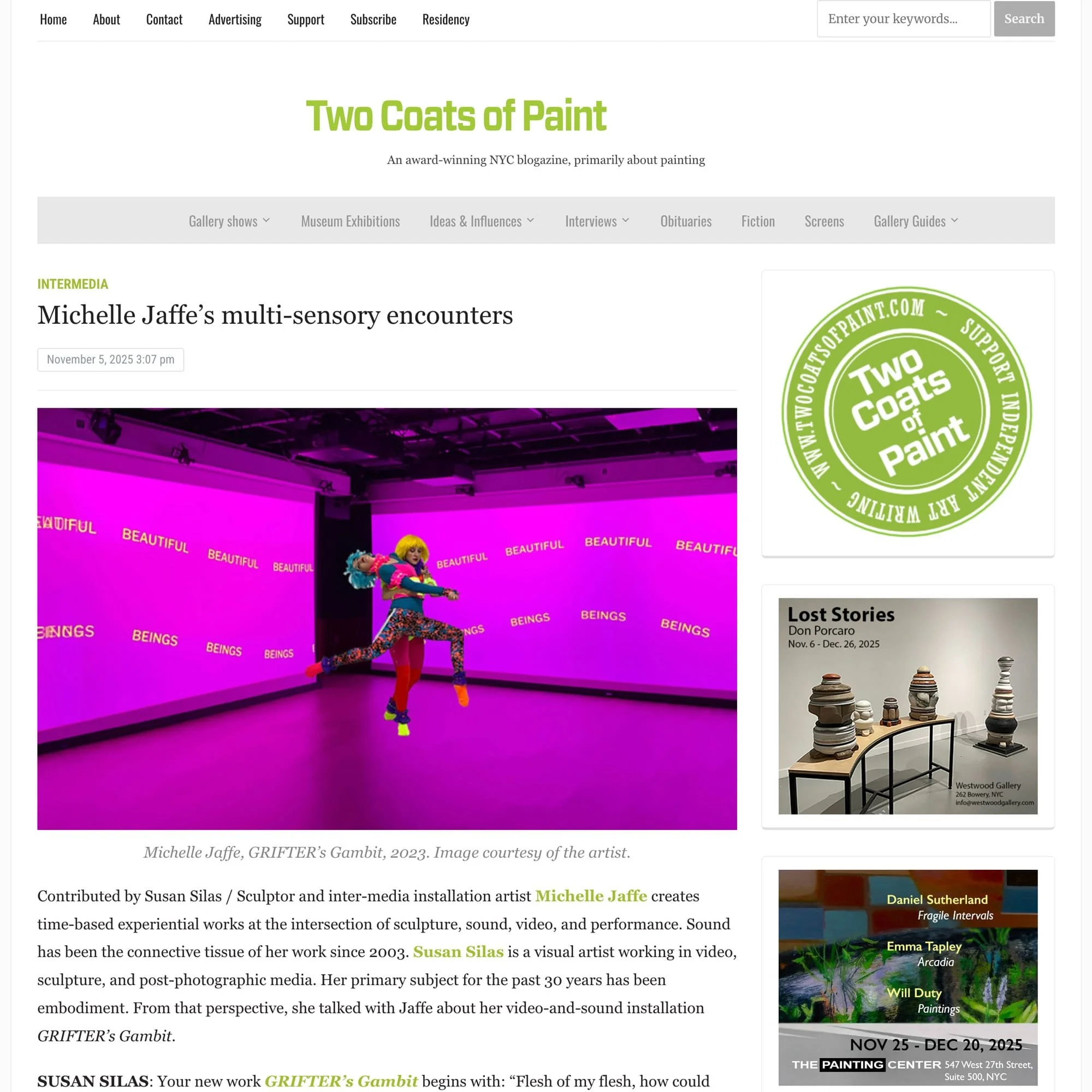 Screenshot of Two Coats of Paint article titled "Michelle Jaffe's multi-sensory encounters," featuring a photo of her GRIFTER's Gambit exhibition at NYU