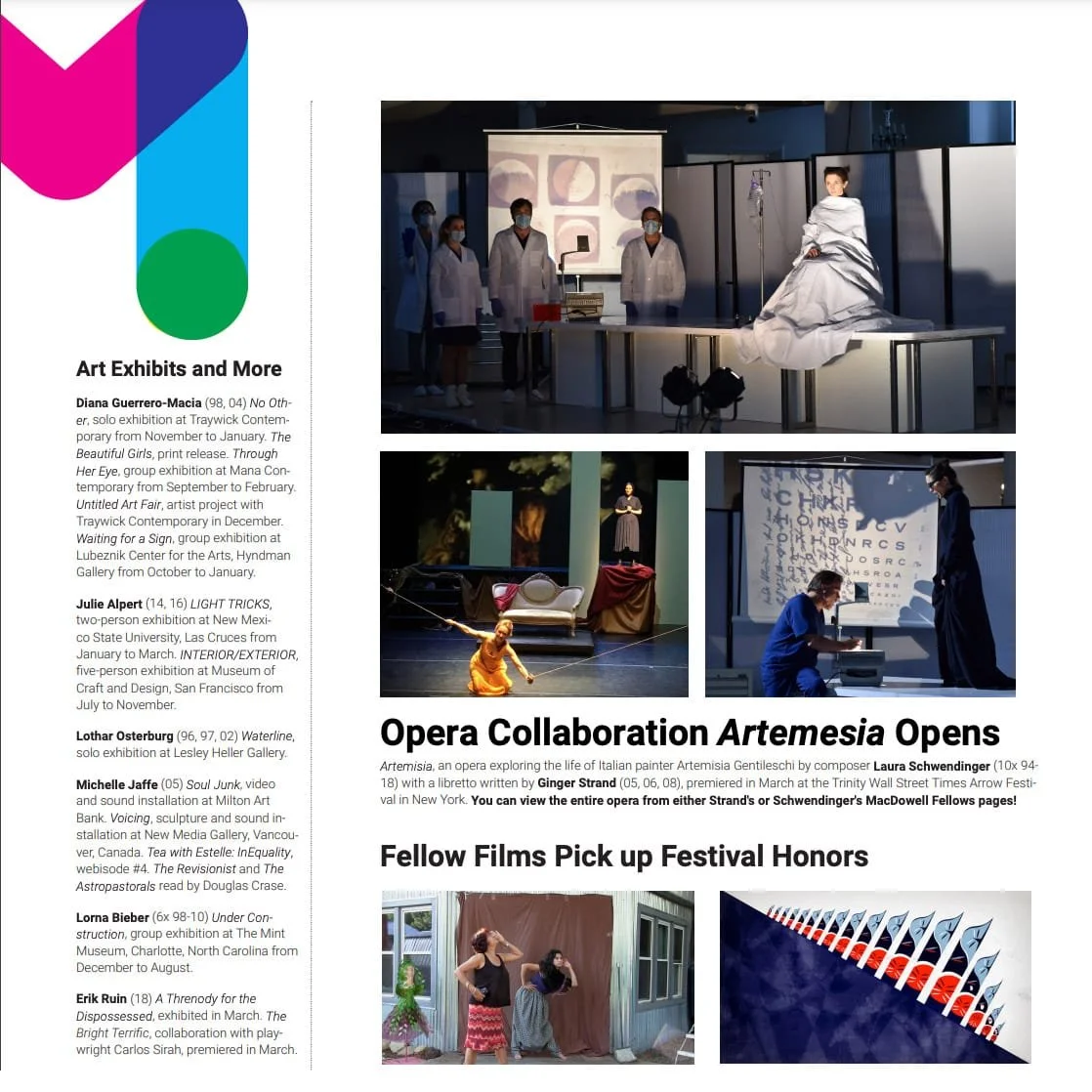 Screenshot of MacDowell Newsletter featuring updates about Michelle Jaffé's work