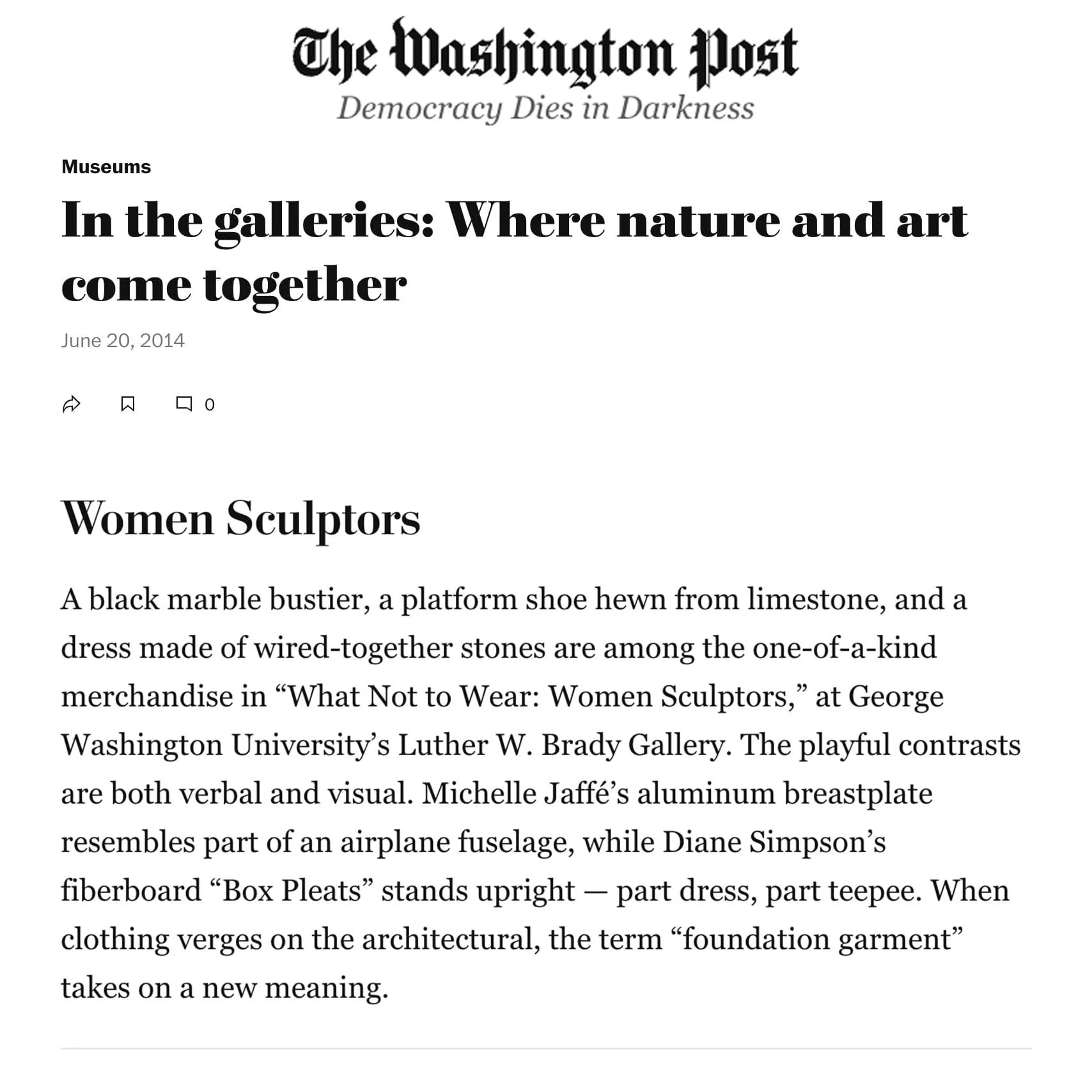 Washing Post article, featuring Michelle Jaffé's Vestments sculptures