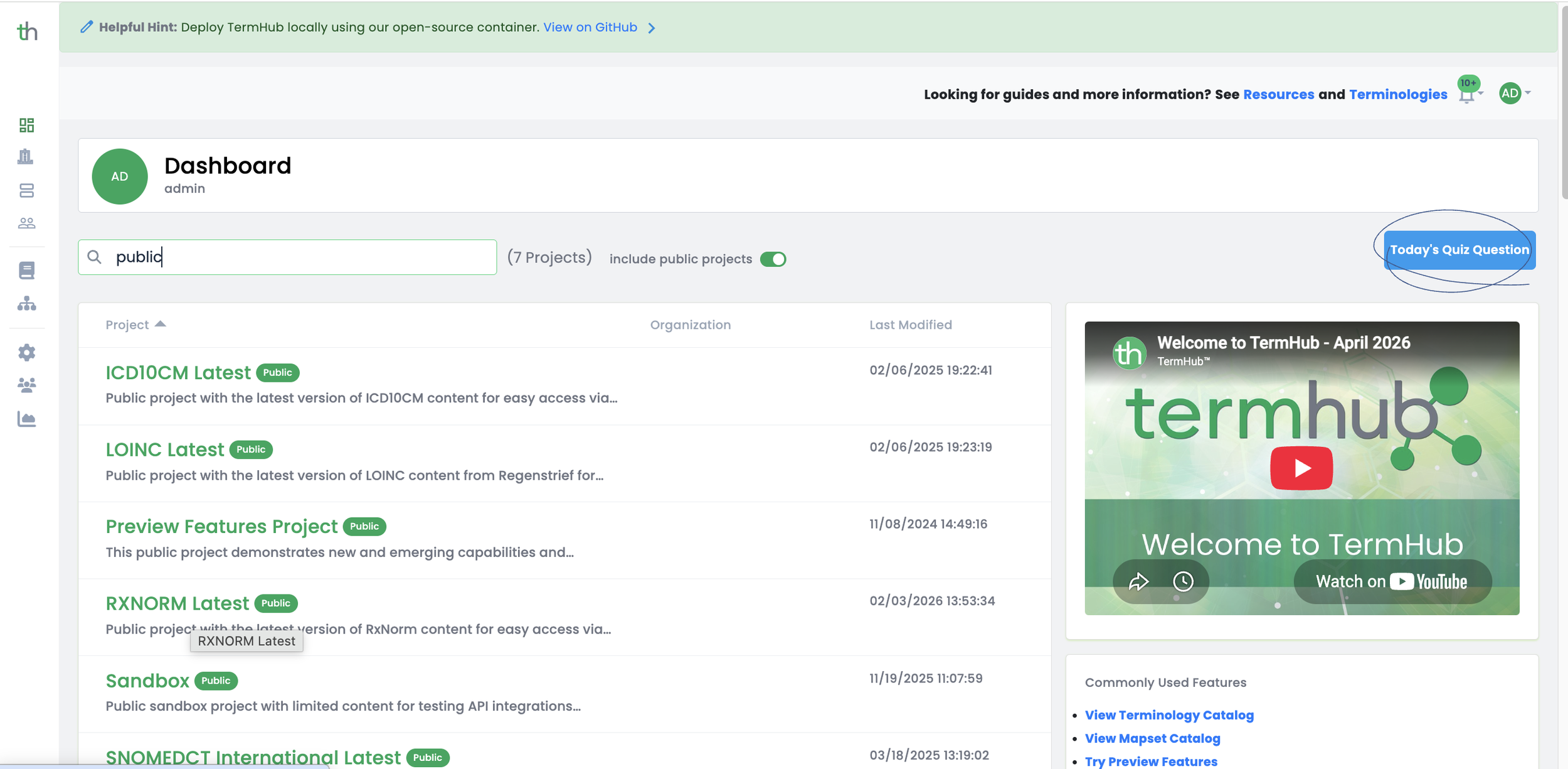 TermHub dashboard showing the RXNORM Latest public project