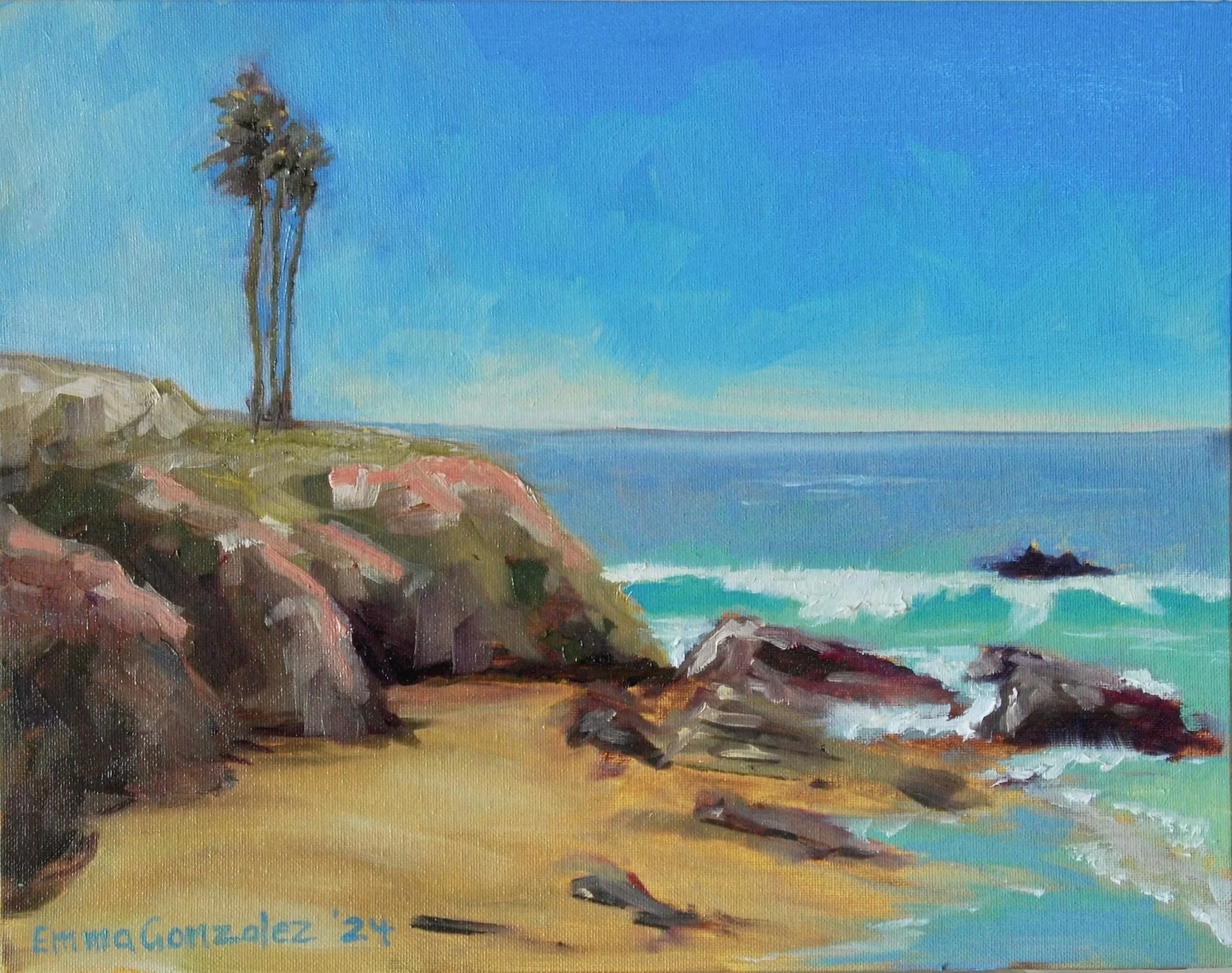 Oil painting of a coastal scene with rocky cliffs, by California impressionist painter Emma Gonzalez
