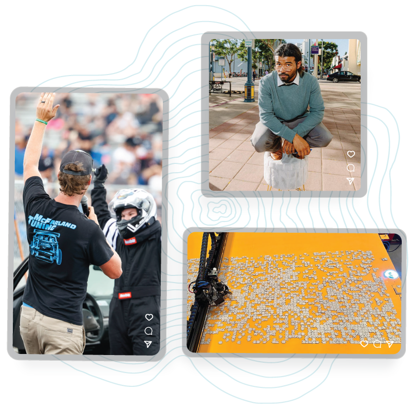 Collage of three images: top right shows a man squatting outdoors in a city setting, middle left features a man in a baseball cap talking to a person in a racing helmet during a race event, bottom right displays a 3D printer creating a pattern with small pieces on an orange surface.