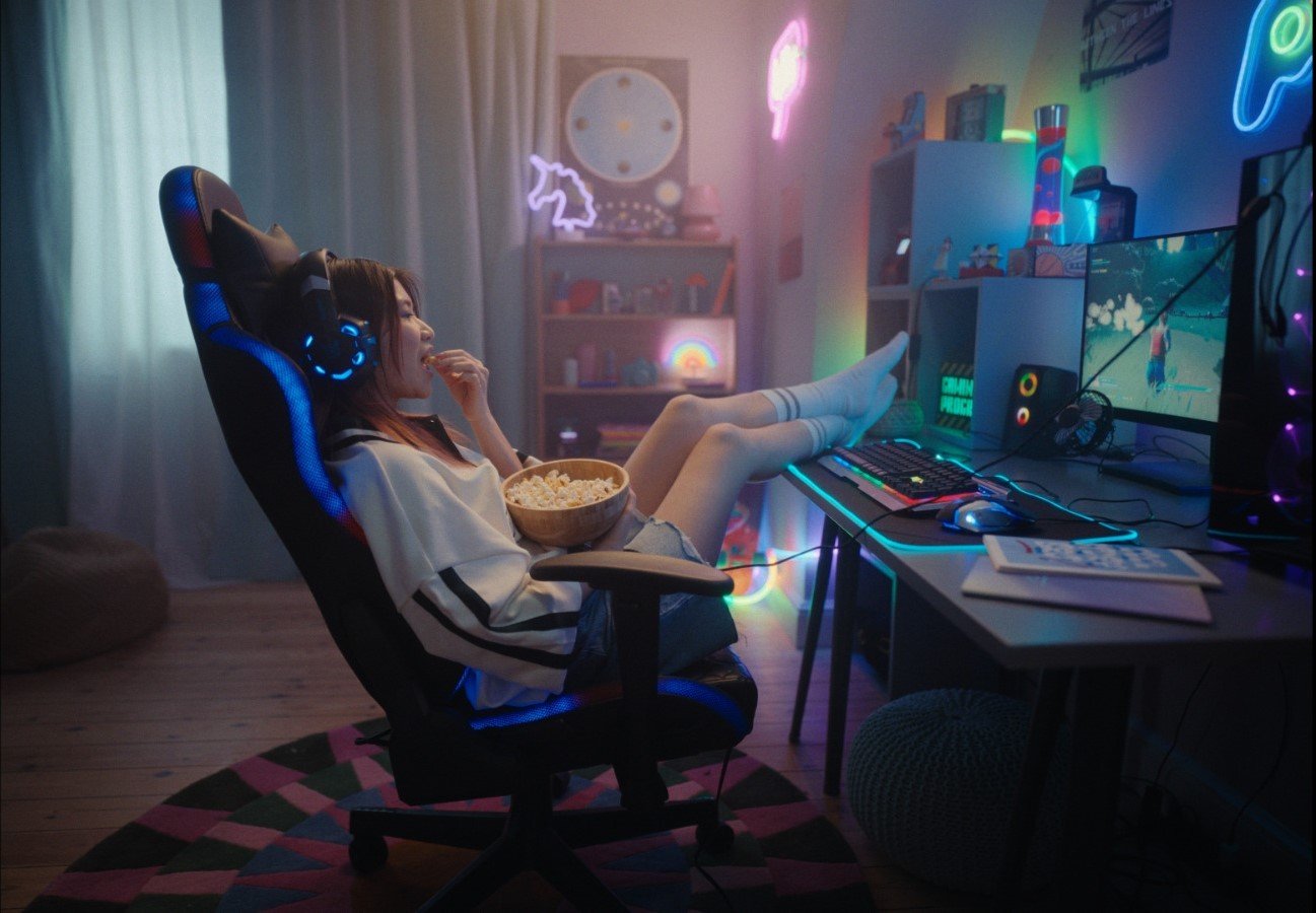A girl sitting in a gaming chair with headphones, eating popcorn and playing video games on a computer in a decorated room with colorful neon lights.