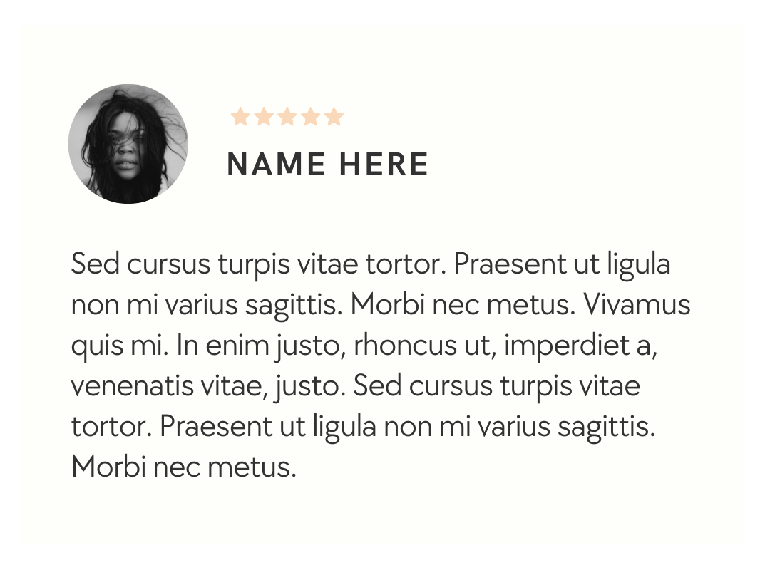 Testimonial with profile photo, placeholder name "NAME HERE," star rating, and placeholder text in Latin.