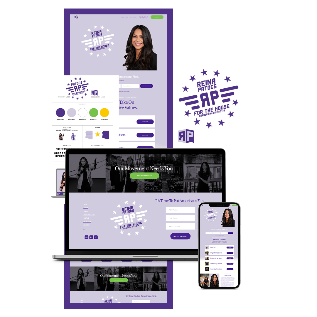Campaign branding design with a portrait of a woman on web interfaces and devices, color scheme with purple and green accents, and text 'Reina Patos for the House.'