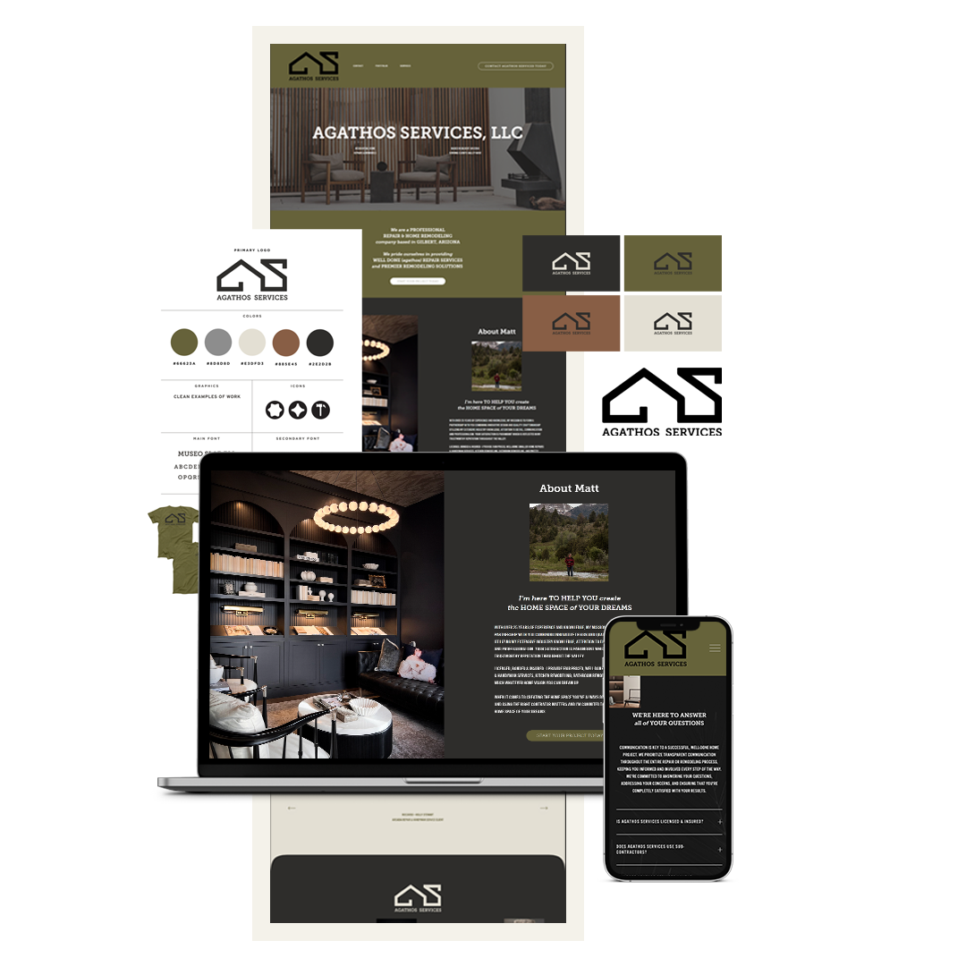Digital branding materials for Agathos Services, LLC displayed on various devices including a laptop, tablet, and mobile phone, showcasing website design, color palette, and logo variations.