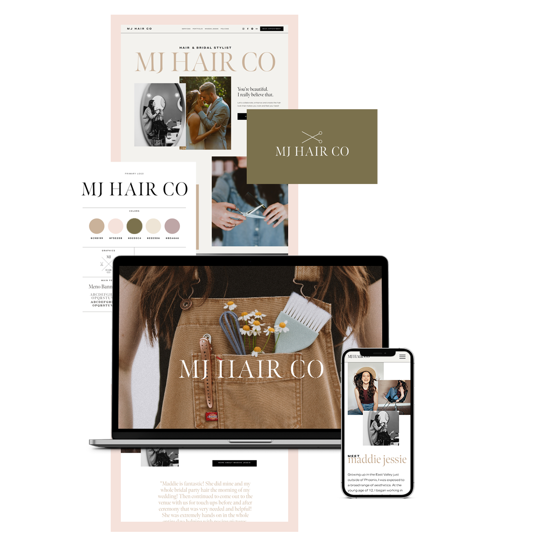 Collage of a hair salon branding layout for MJ Hair Co, featuring a website preview, branding elements, color palette, and logo design on different devices.
