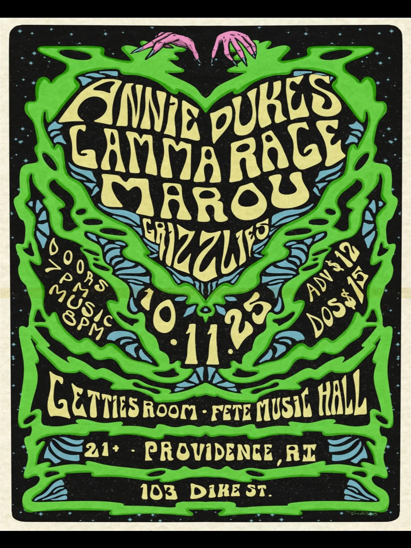 On 10/11 come see @theanniedukes @gammarageband @marou.music @grizzlies.ri Doors @ 7