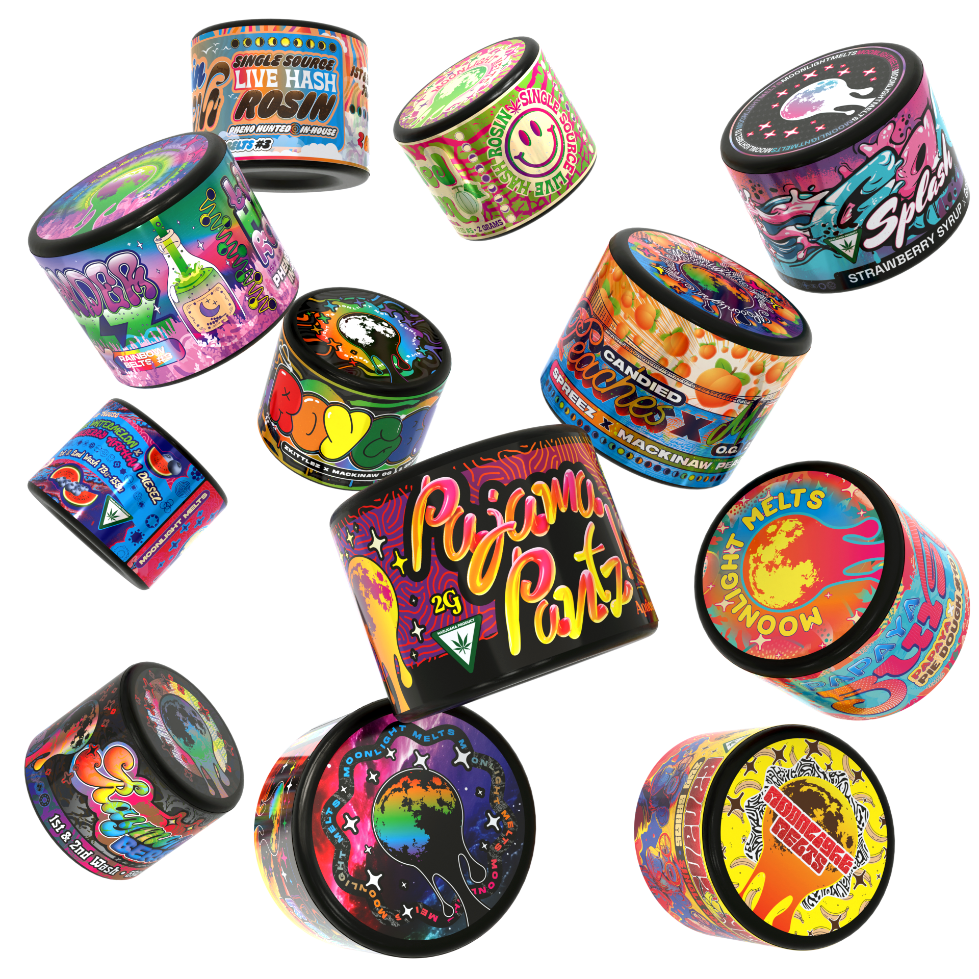 Collection of colorful cannabis concentrate containers with various artistic and psychedelic designs, featuring words like 'Puff On', 'Splat', 'Candy X', and 'Moonlight Melts'.