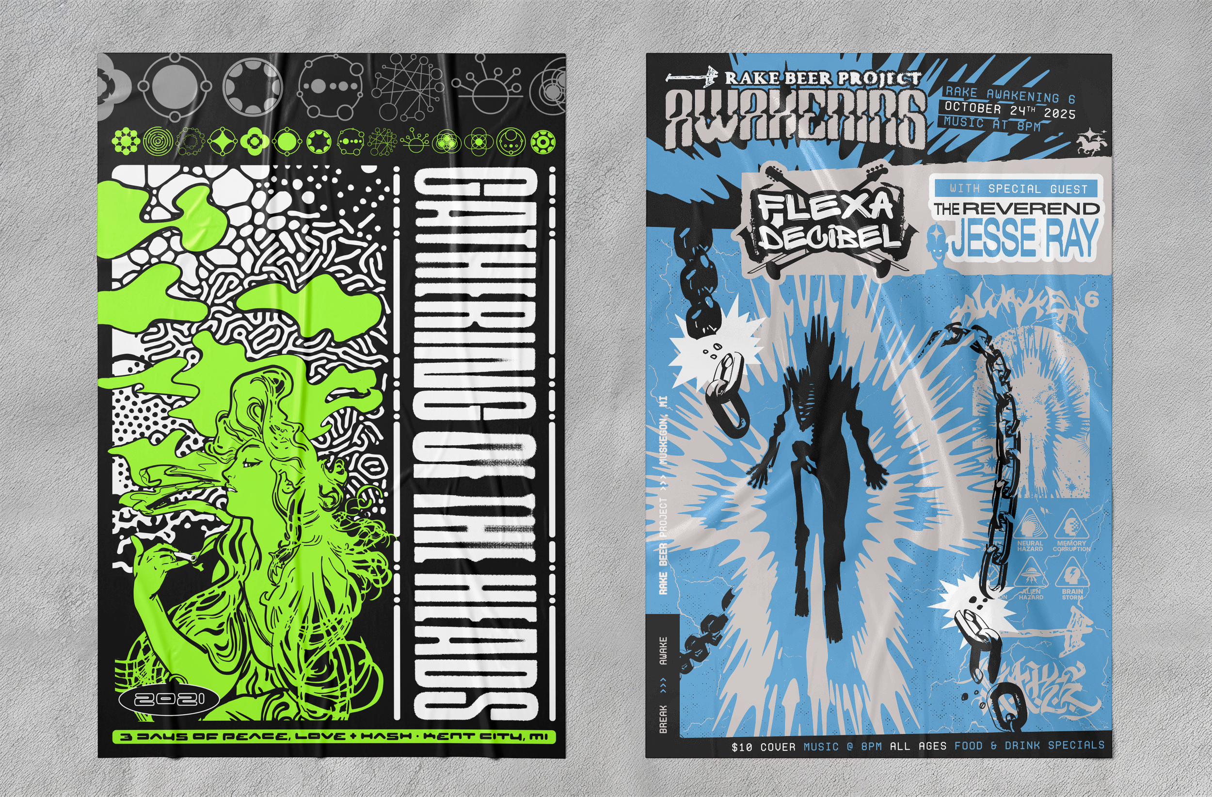 Two event posters are displayed, one with a black, white, and green color scheme and the other predominantly in blue, black, and white. The first poster features a psychedelic female figure, abstract patterns, and the text "SUBLIMINAL" and "3 DAYS OF
