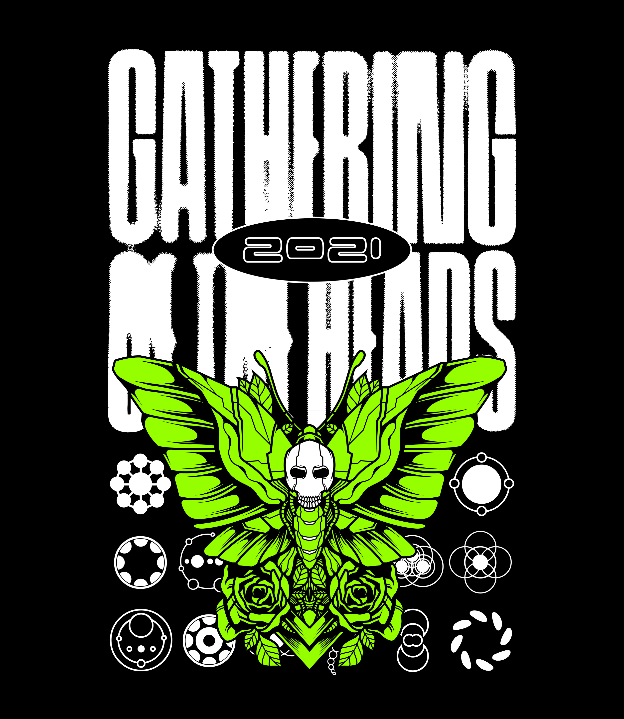 Design with large text reading "Capturing 2020" in white and a prominent green butterfly with a skull face at the center, surrounded by geometric and floral patterns on a black background.