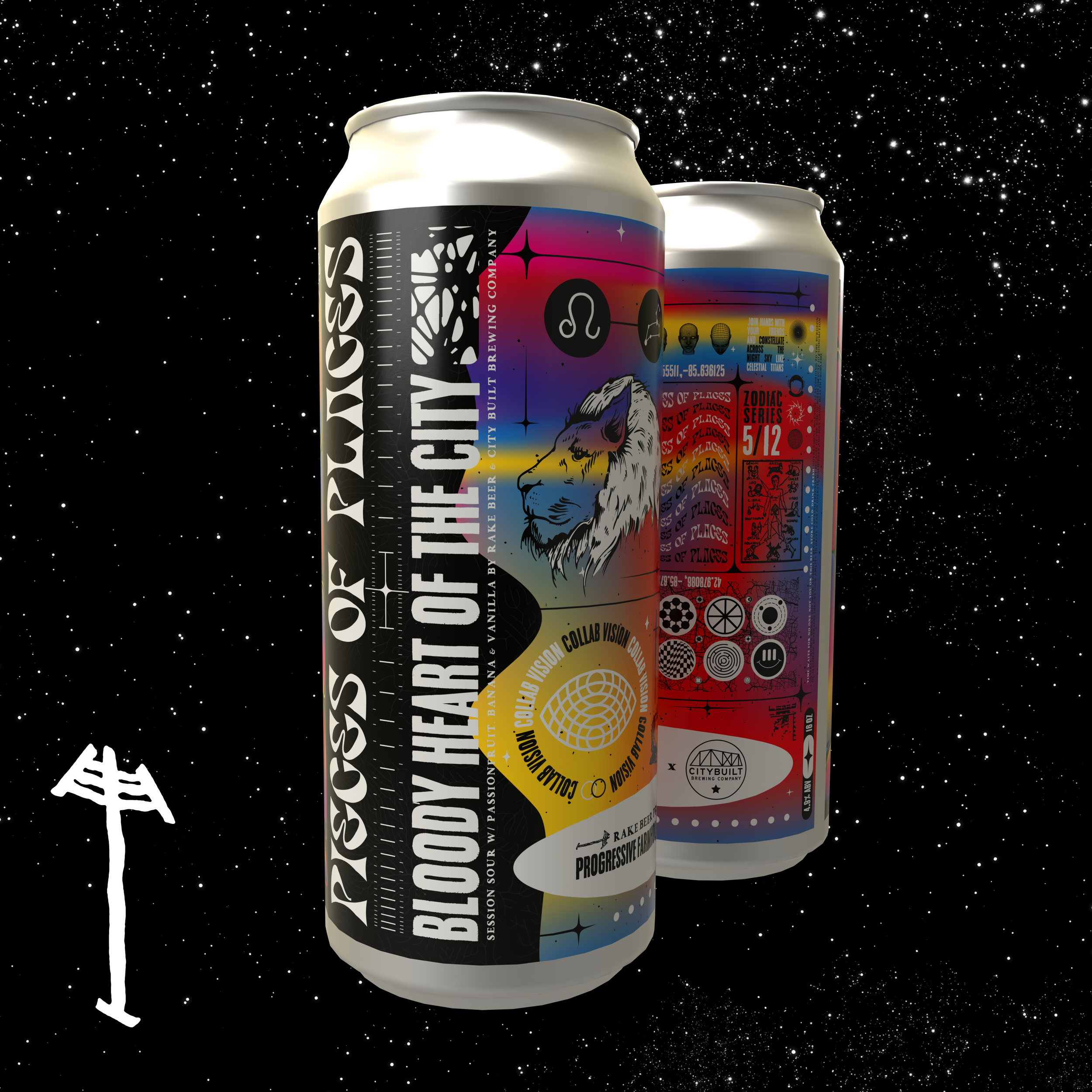 Two cans of beer with space-themed labels floating in a starry space background, with an alien spaceship drawing in the bottom left corner.