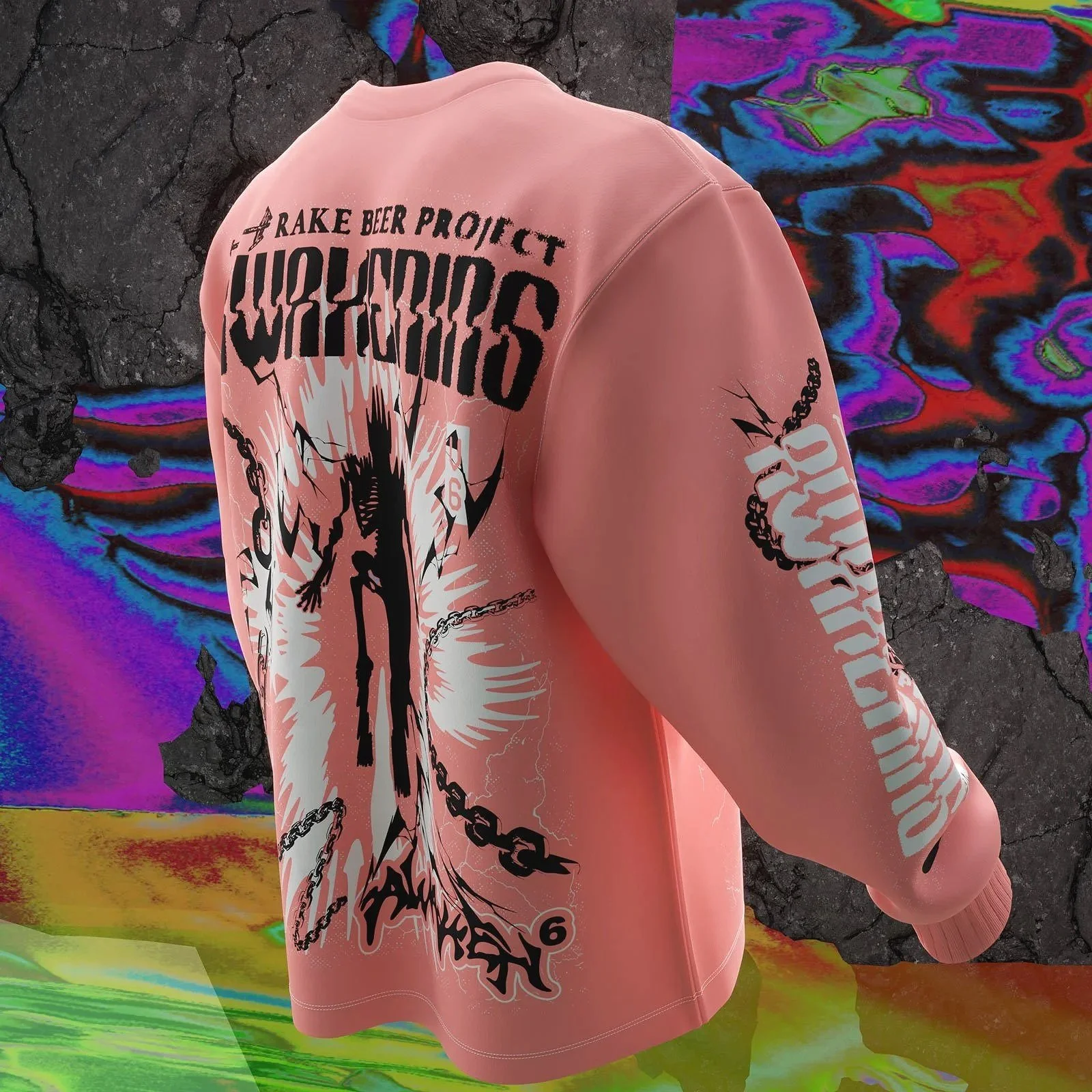 Pink sweatshirt with graphics including a dinosaur, chains, and text saying "SHINNINGS" and "RAKE BEER PROJECT," against a colorful, abstract background with black cracked textures.