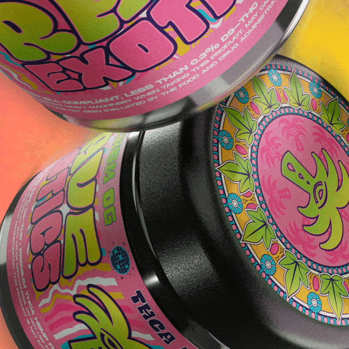 Colorful cans with psychedelic and cartoonish designs, including a pig and floral patterns.