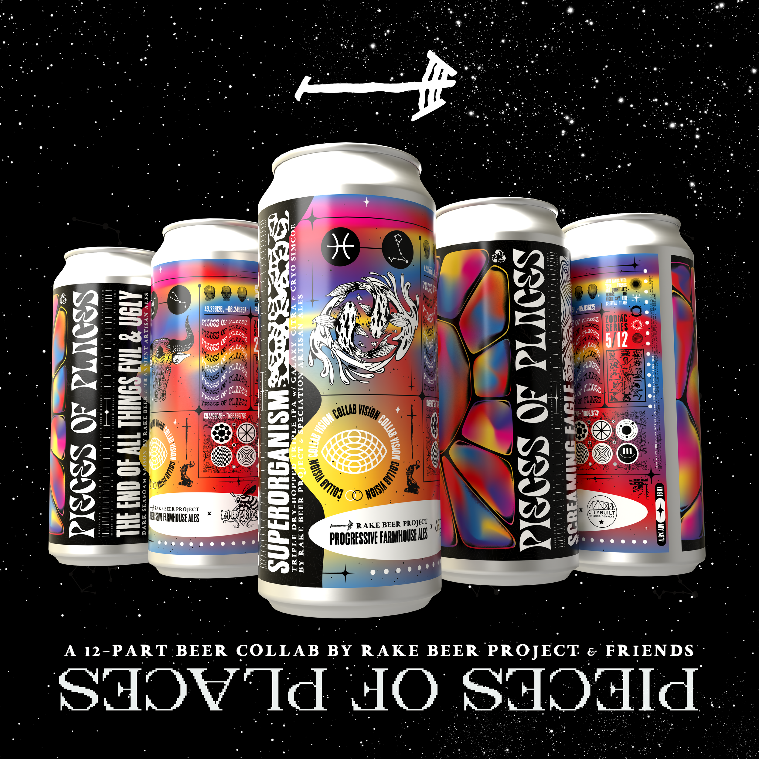 Six cans of beer with colorful, artistic labels featuring various designs and symbols, set against a space background with stars, with some cans displayed upside-down.