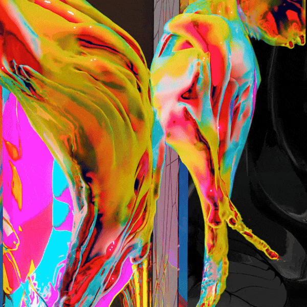 Close-up of colorful melting or dripping paint or wax on a surface, creating abstract patterns of yellow, pink, blue, and orange colors.