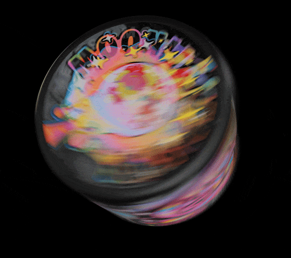 Colorful spinning top with rainbow patterns and the phrase 'Love rock n roll' on top.