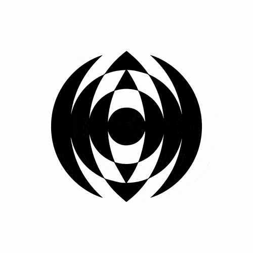 Black abstract geometric pattern with concentric circles and curved shapes on a white background.