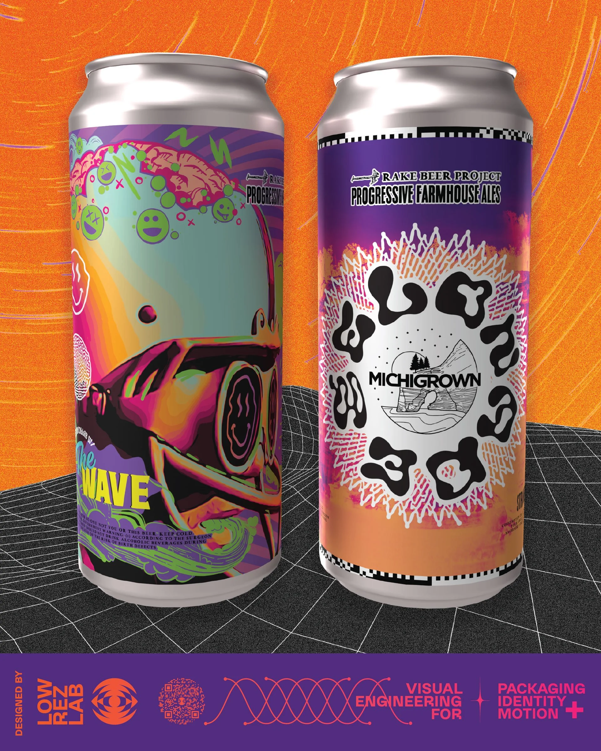 Two cans of craft beer from Rake Beer Project, with colorful, psychedelic artwork on a dynamic orange background.