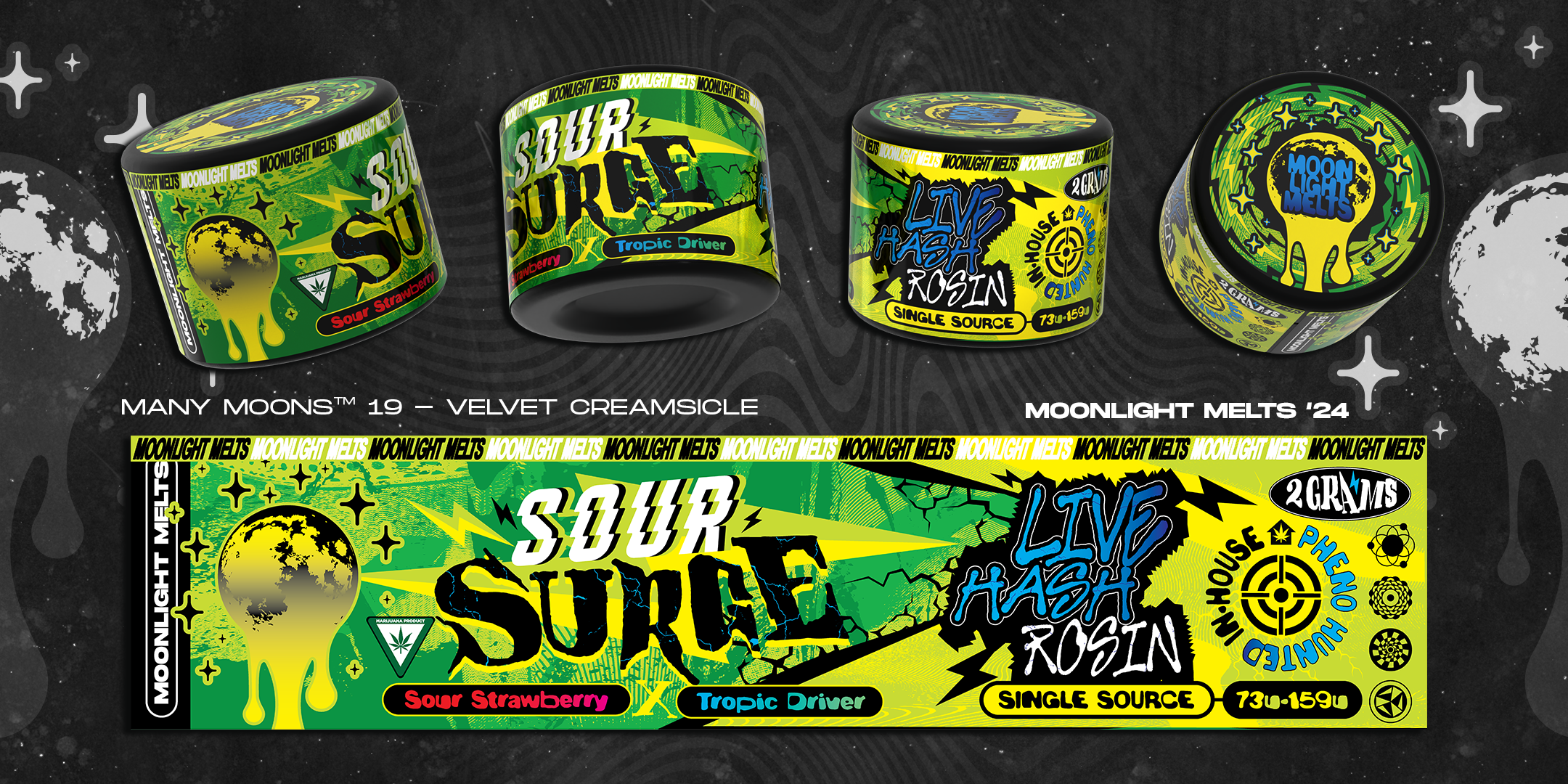 Variety of cannabis concentrate packaging with vibrant green, yellow, and black labels inspired by space themes, featuring planets, dripping oil, and bold text such as 'Sour Source', 'Live Hash Rosin', and product flavors like 'Sour Strawberry' and '