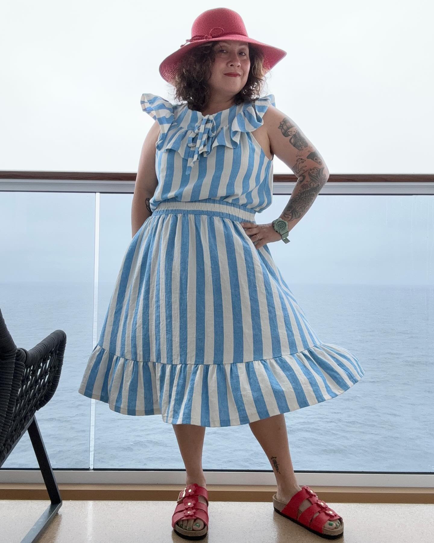 Last vacation make is all about you guessed it, another matching set! I made this stripey two piece from 2 skirts purchased from Target. I bought one skirt in my size and one that was bigger. I took the one in my size and hemmed it adding a fun ruffl