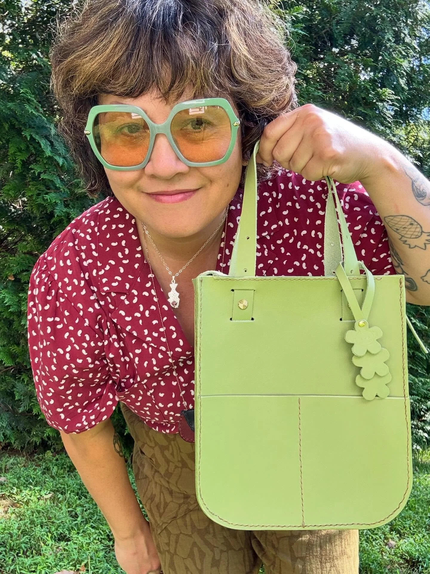 Of course I had to make a bag with Matcha latte colored leather! I used the Mini Luna Bag pattern to make this cute tote. I am really happy with the way it came out and I love that it has adjustable handle lengths and can also used as a cross body ba