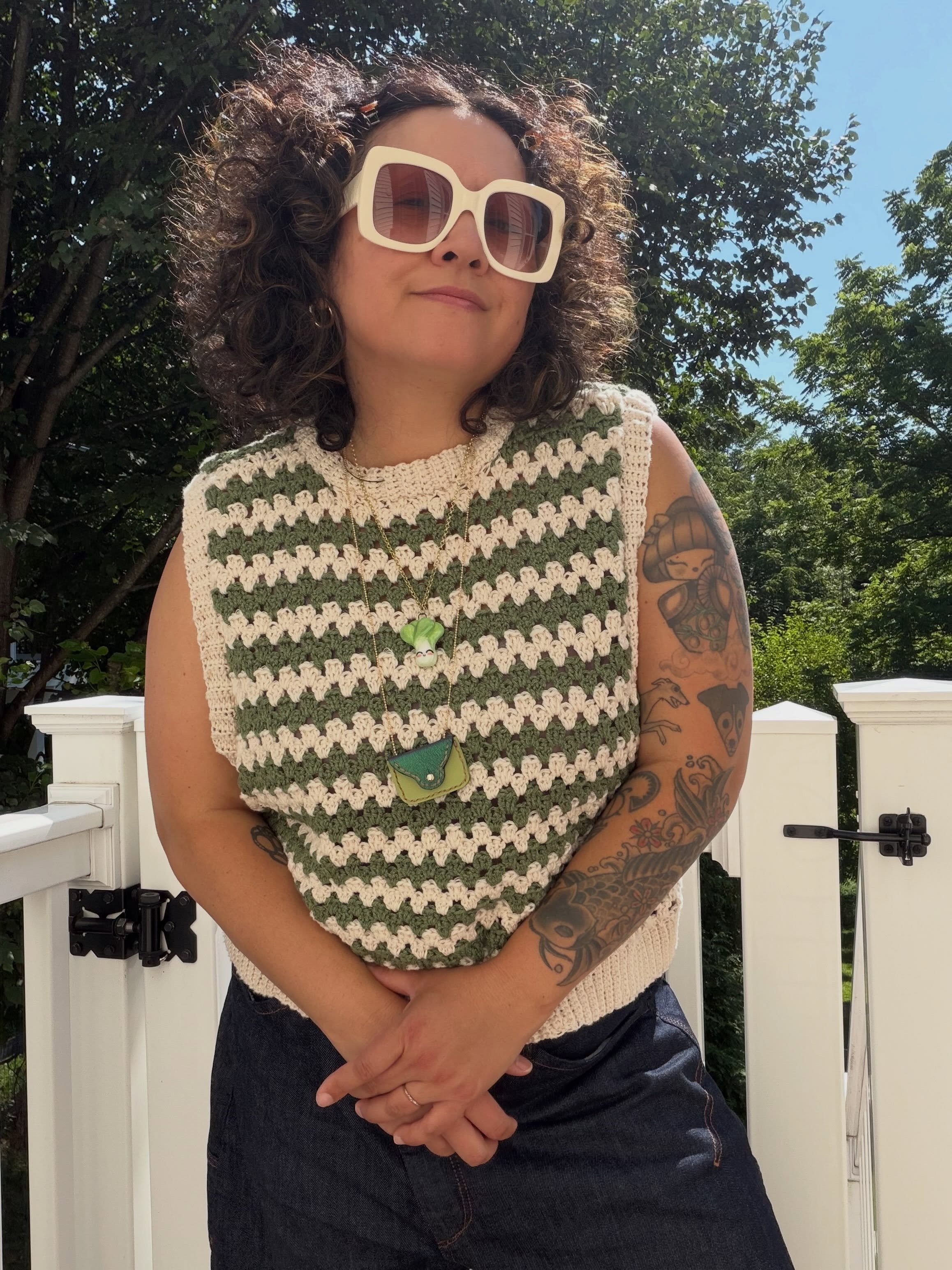Just finished this stripey vest and I have already worn it a bunch of times! The vest was mostly crocheted while watching my daughter&rsquo;s softball games. It helps calm my nerves during those tense moments. The fit is very boxy and comfortable and