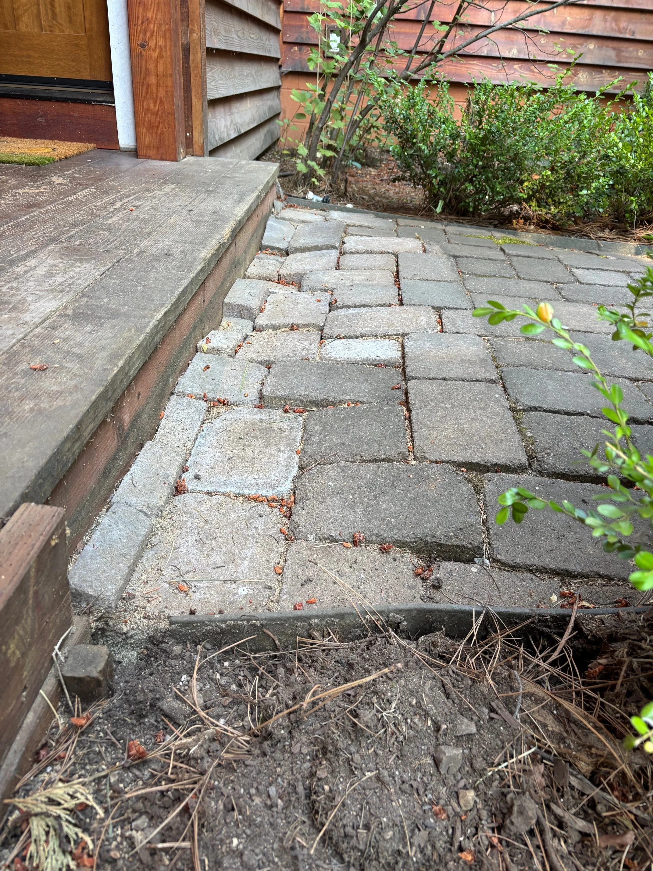 Close-up of a brick pathway with uneven cobblestones in front of a wooden deck and garden bushes.